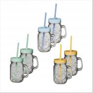 Trinkglas 2er Set m. Deckel + Trinkhalm 